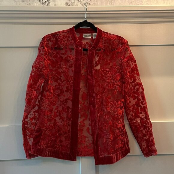 ❤️ NWT - CHICO’S Red Burnout Velvet Sheer Jacket – Size 1 (Medium) - Xmas! - Picture 1 of 7